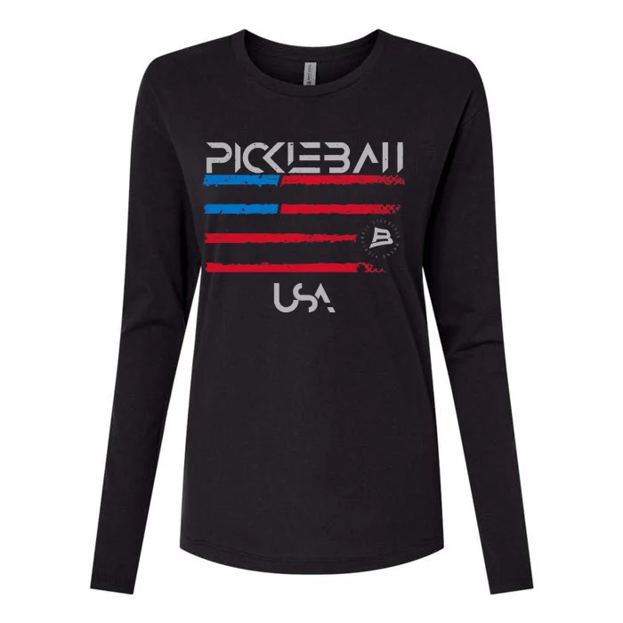 Pickleball Distressed Premium Fit USA Flag Design Premium Womens Cotton Relaxed Long Sleeve T-Shirt