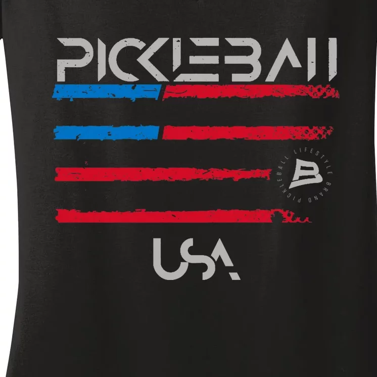 Pickleball Distressed Premium Fit USA Flag Design Premium Women's V-Neck T-Shirt