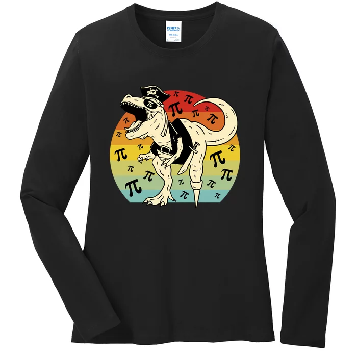 Pirate Dinosaur Retro Sunset Pi Day Ladies Long Sleeve Shirt