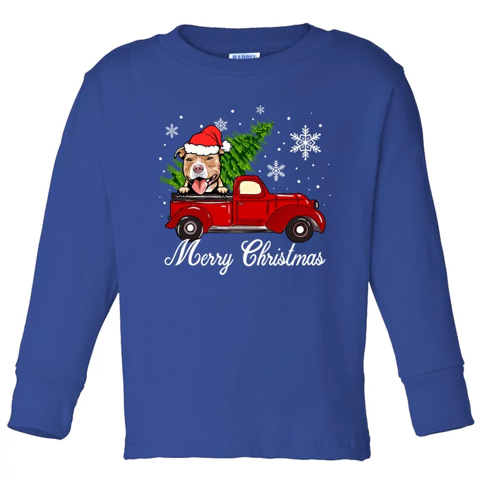 Pitbull Dog Riding Red Truck Christmas Decorations Pajama Gift Toddler Long Sleeve Shirt