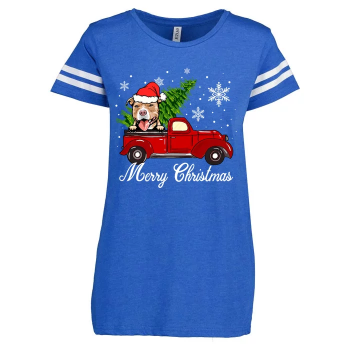 Pitbull Dog Riding Red Truck Christmas Decorations Pajama Gift Enza Ladies Jersey Football T-Shirt