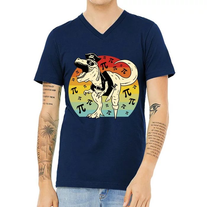 Pirate Dinosaur Retro Sunset Pi 3.14159 V-Neck T-Shirt