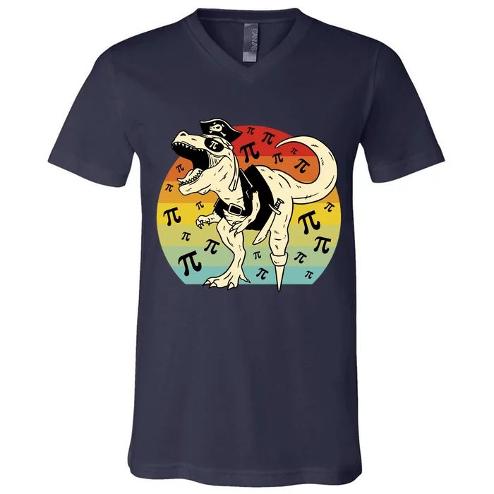 Pirate Dinosaur Retro Sunset Pi 3.14159 V-Neck T-Shirt