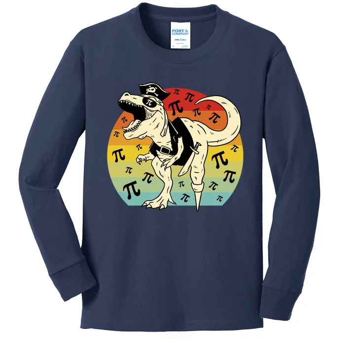 Pirate Dinosaur Retro Sunset Pi 3.14159 Kids Long Sleeve Shirt