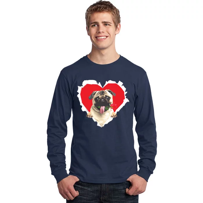 Pug Dog Rose Heart Valentines Day Couple Men Women Tall Long Sleeve T-Shirt