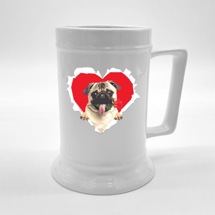 Pug Dog Rose Heart Valentines Day Couple Men Women Front & Back Beer Stein