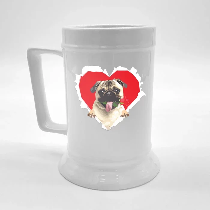 Pug Dog Rose Heart Valentines Day Couple Men Women Front & Back Beer Stein