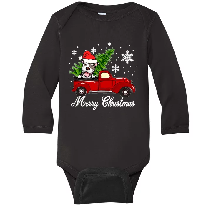 Pitbull Dog Riding Red Truck Christmas Decorations Pajama Sweatshirt Baby Long Sleeve Bodysuit