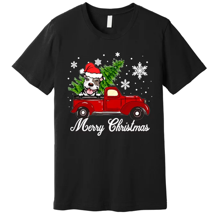 Pitbull Dog Riding Red Truck Christmas Decorations Pajama Sweatshirt Premium T-Shirt