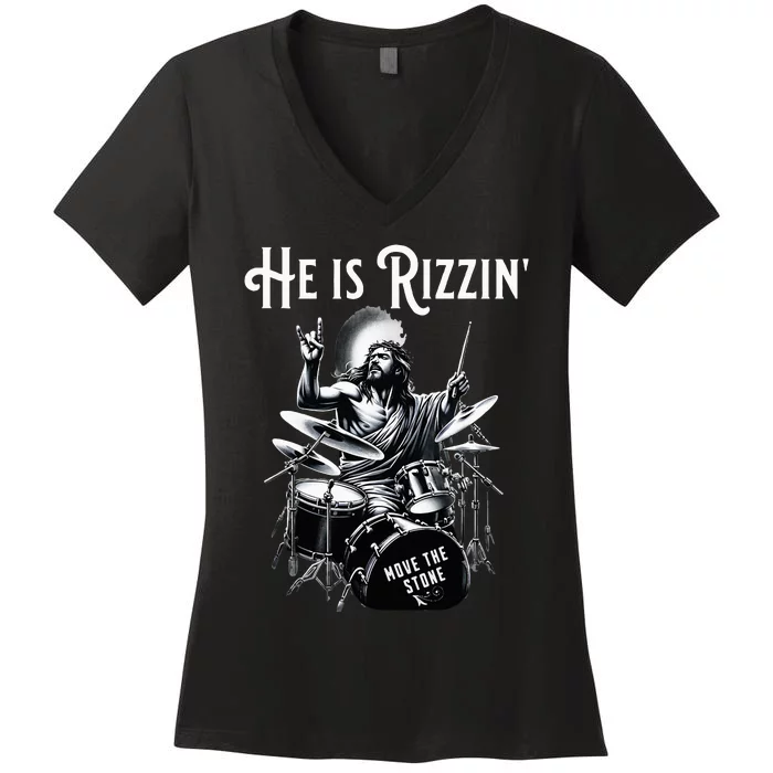 Percussion Drum Rizz He Is Rizzin Jesus Drumming Women's V-Neck T-Shirt