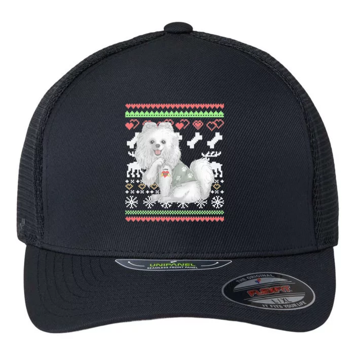 Pomeranian Dog Santa Claus Ugly Christmas Pattern Long Sleeve Flexfit Unipanel Trucker Cap