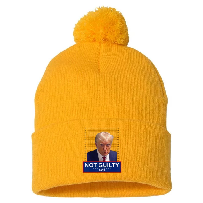 President Donald Trump Mugshot 2024 Not Guilty Supporter Pom Pom 12in Knit Beanie