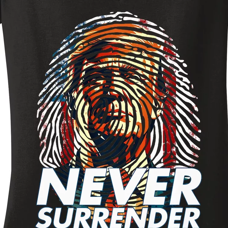 President Donald Trump 2024 Never Surrender Fingerprint USA Women's V-Neck T-Shirt