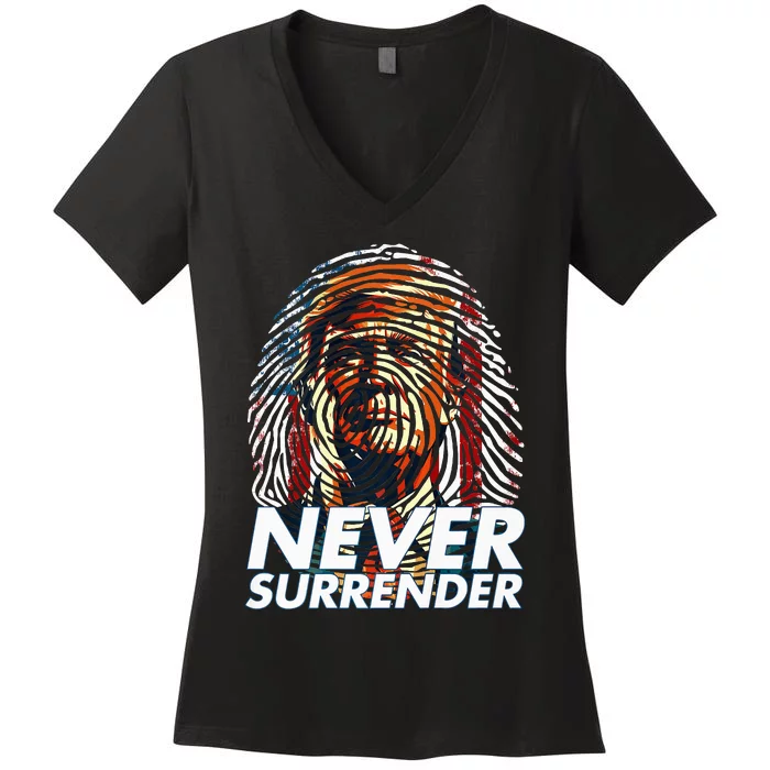 President Donald Trump 2024 Never Surrender Fingerprint USA Women's V-Neck T-Shirt