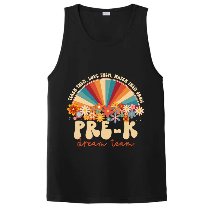 Prek Dream Team Retro Groovy Rainbow Back To School Teacher Performance Tank