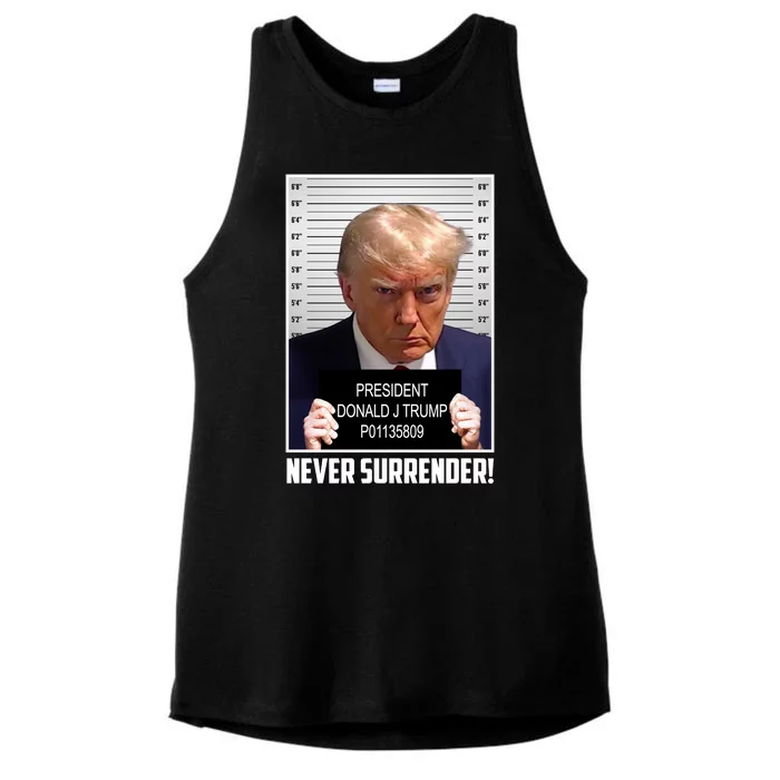 President Donald Trump Mugshot Never Surrender Ladies Tri-Blend Wicking Tank