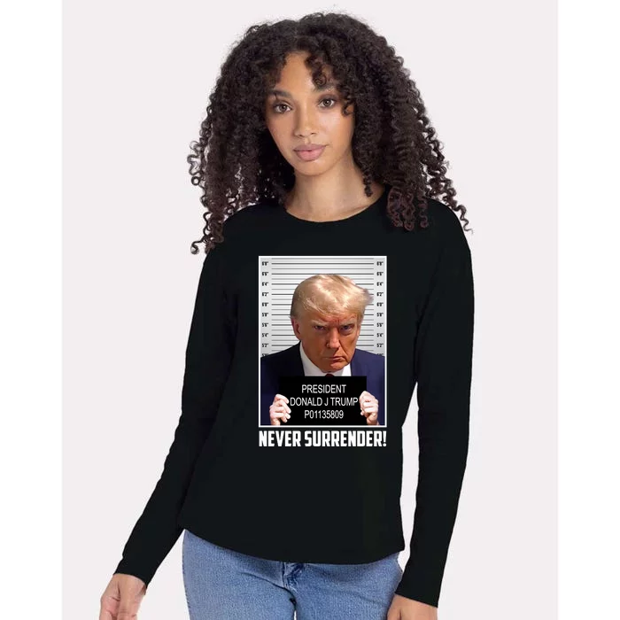 President Donald Trump Mugshot Never Surrender Womens Cotton Relaxed Long Sleeve T-Shirt