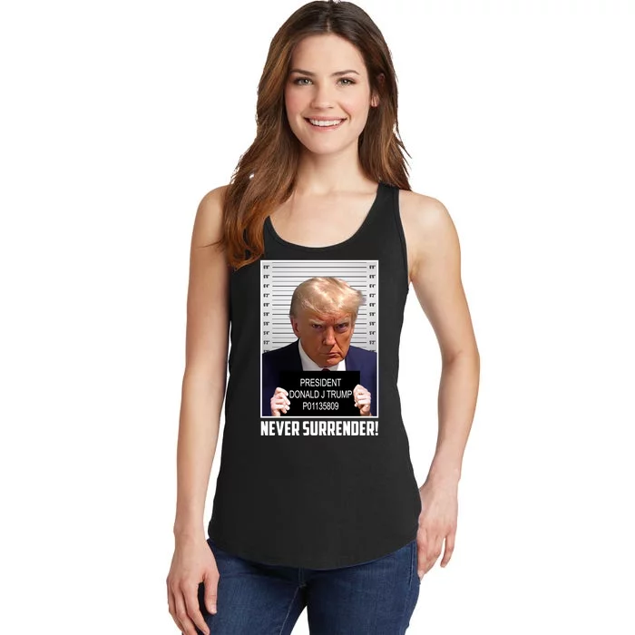 President Donald Trump Mugshot Never Surrender Ladies Essential Tank