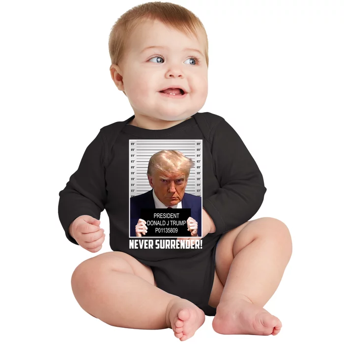 President Donald Trump Mugshot Never Surrender Baby Long Sleeve Bodysuit