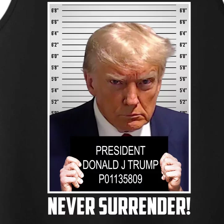 President Donald Trump Mugshot Never Surrender Performance Tank