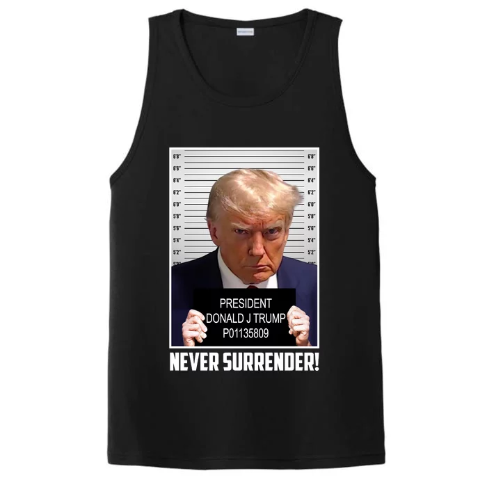 President Donald Trump Mugshot Never Surrender Performance Tank