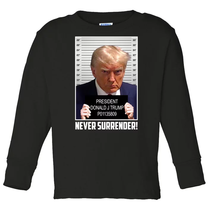 President Donald Trump Mugshot Never Surrender Toddler Long Sleeve Shirt