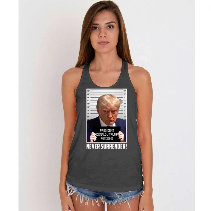 President Donald Trump Mugshot Never Surrender Women's Knotted Racerback Tank