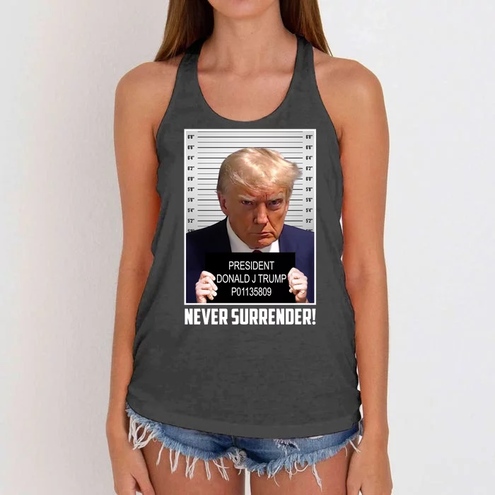 President Donald Trump Mugshot Never Surrender Women's Knotted Racerback Tank