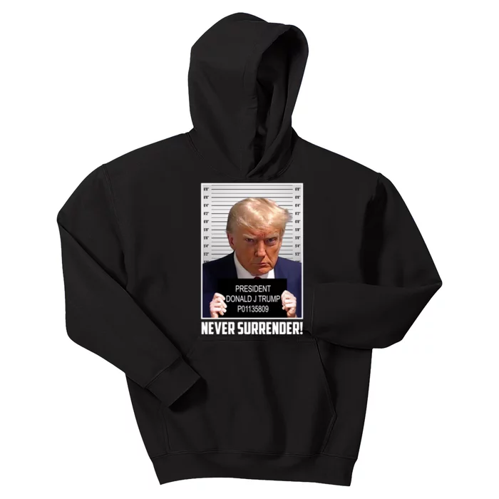 President Donald Trump Mugshot Never Surrender Kids Hoodie