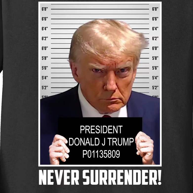 President Donald Trump Mugshot Never Surrender Kids Long Sleeve Shirt