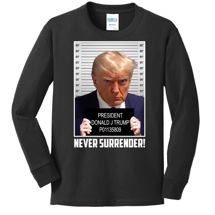 President Donald Trump Mugshot Never Surrender Kids Long Sleeve Shirt