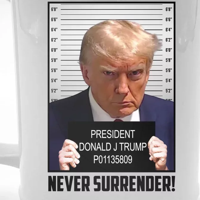 President Donald Trump Mugshot Never Surrender Beer Stein | TeeShirtPalace