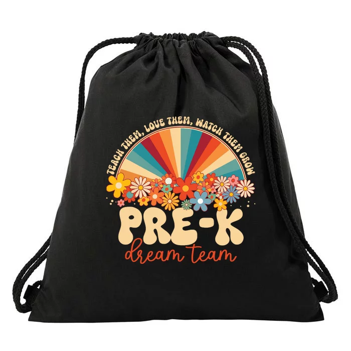 Prek Dream Team Retro Groovy Rainbow Back To School Teacher Drawstring Bag