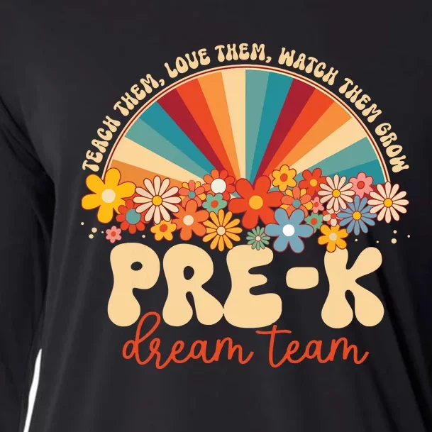 Prek Dream Team Retro Groovy Rainbow Back To School Teacher Cooling Performance Long Sleeve Crew