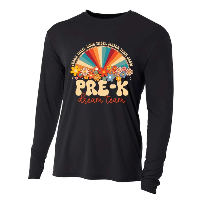 Prek Dream Team Retro Groovy Rainbow Back To School Teacher Cooling Performance Long Sleeve Crew