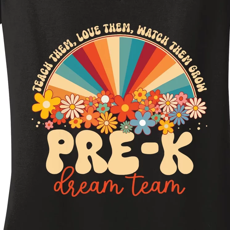 Prek Dream Team Retro Groovy Rainbow Back To School Teacher Women's V-Neck T-Shirt