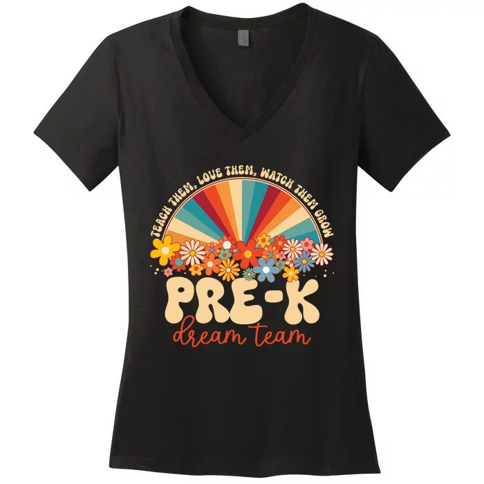 Prek Dream Team Retro Groovy Rainbow Back To School Teacher Women's V-Neck T-Shirt