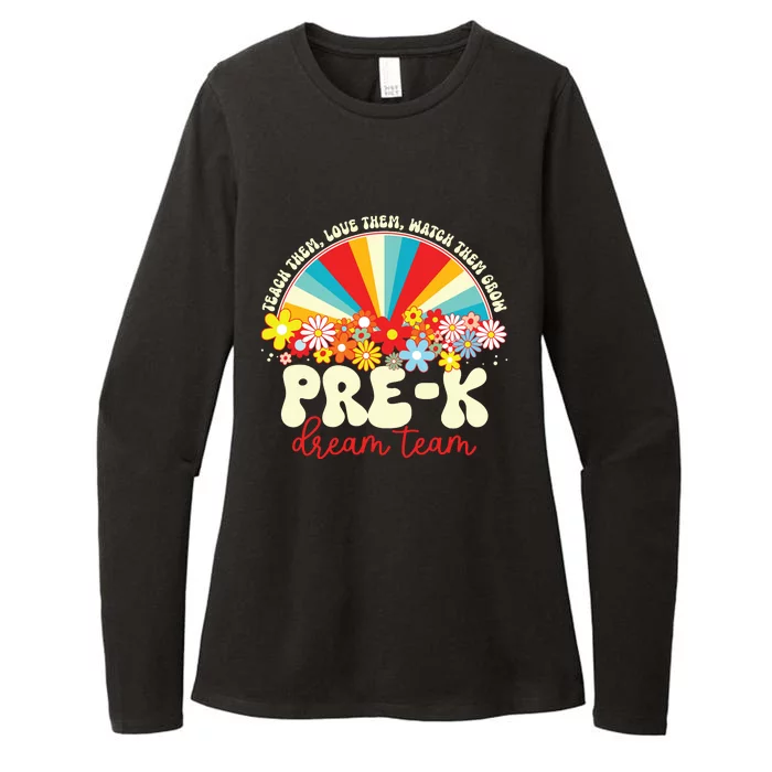 Prek Dream Team Retro Groovy Rainbow Back To School Teacher Womens CVC Long Sleeve Shirt