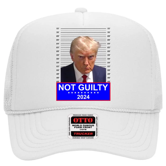 President Donald Trump Mugshot 2024 Not Guilty High Crown Mesh Trucker Hat