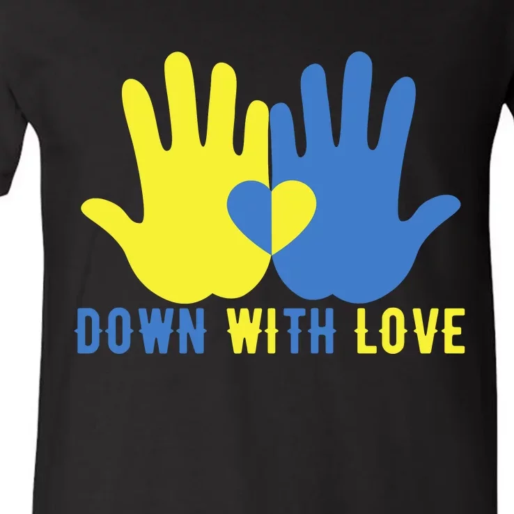 Pretty Down With Love World Down Syndrome Awareness Day V-Neck T-Shirt