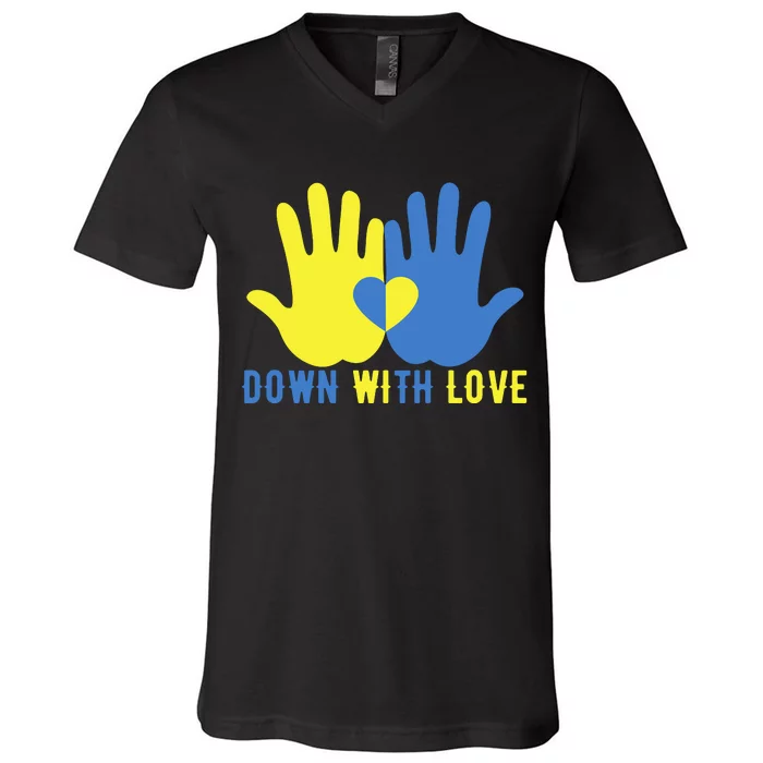 Pretty Down With Love World Down Syndrome Awareness Day V-Neck T-Shirt