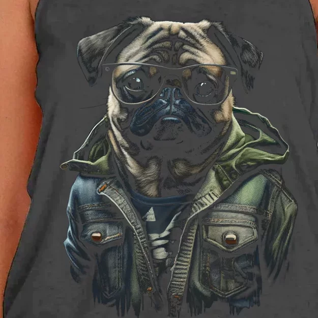 Pug Dog Wearing Jeans Vest Funny Graphic Tees for Women's Knotted Racerback Tank