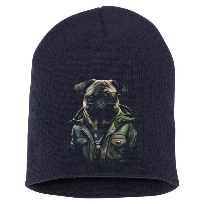 Pug Dog Wearing Jeans Vest Funny Graphic Tees for Short Acrylic Beanie