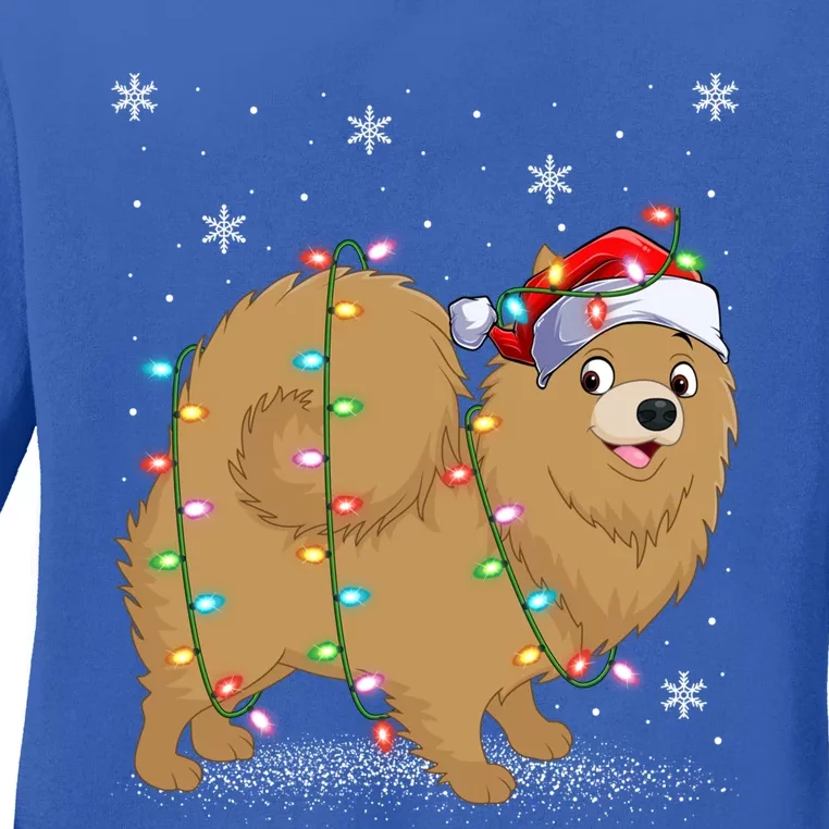 Pomeranian Dog Xmas Lighting Santa Pomeranian Christmas Gift Ladies Long Sleeve Shirt