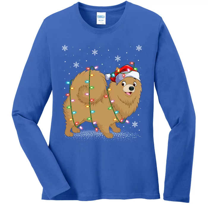 Pomeranian Dog Xmas Lighting Santa Pomeranian Christmas Gift Ladies Long Sleeve Shirt