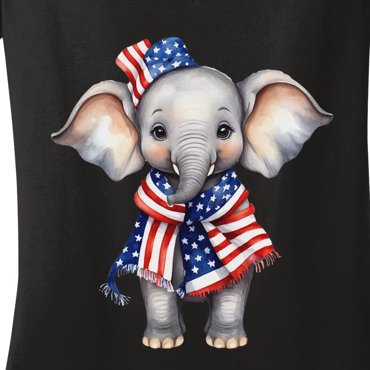 Patriotic Elephant 4th Of July Us Flag Women's V-Neck T-Shirt