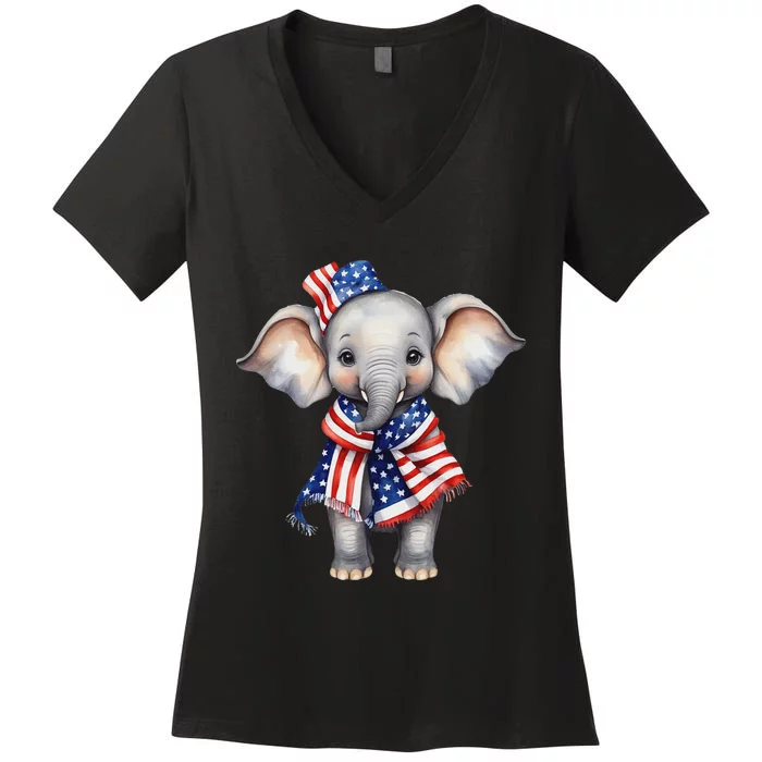 Patriotic Elephant 4th Of July Us Flag Women's V-Neck T-Shirt