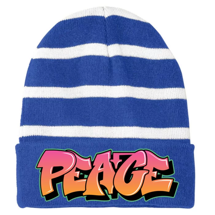 Peace Graffiti Sign Striped Beanie with Solid Band