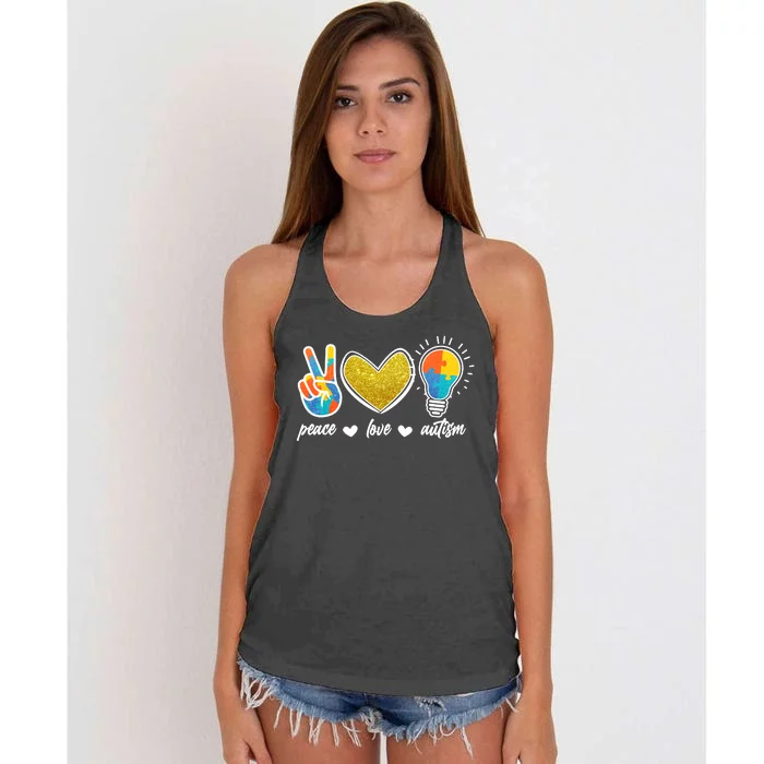 Peace Love & Autism Autism Awareness Month Women's Knotted Racerback Tank