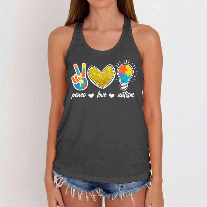 Peace Love & Autism Autism Awareness Month Women's Knotted Racerback Tank